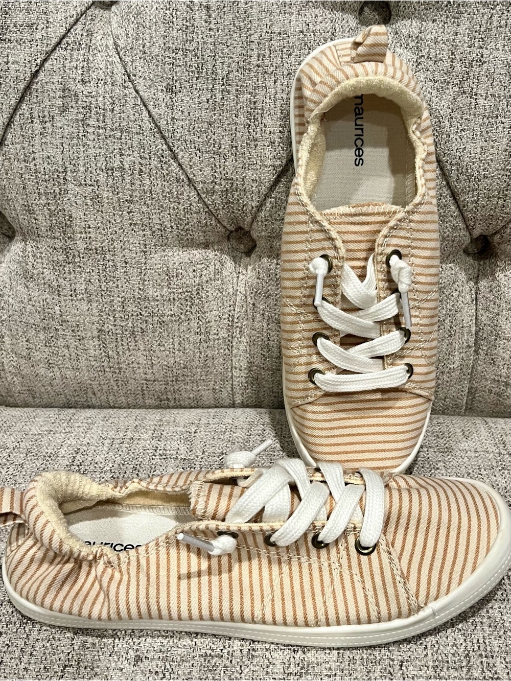 Maurices Beige and White Striped Slip-On Sneakers Sz 7.5 New w/o Tags